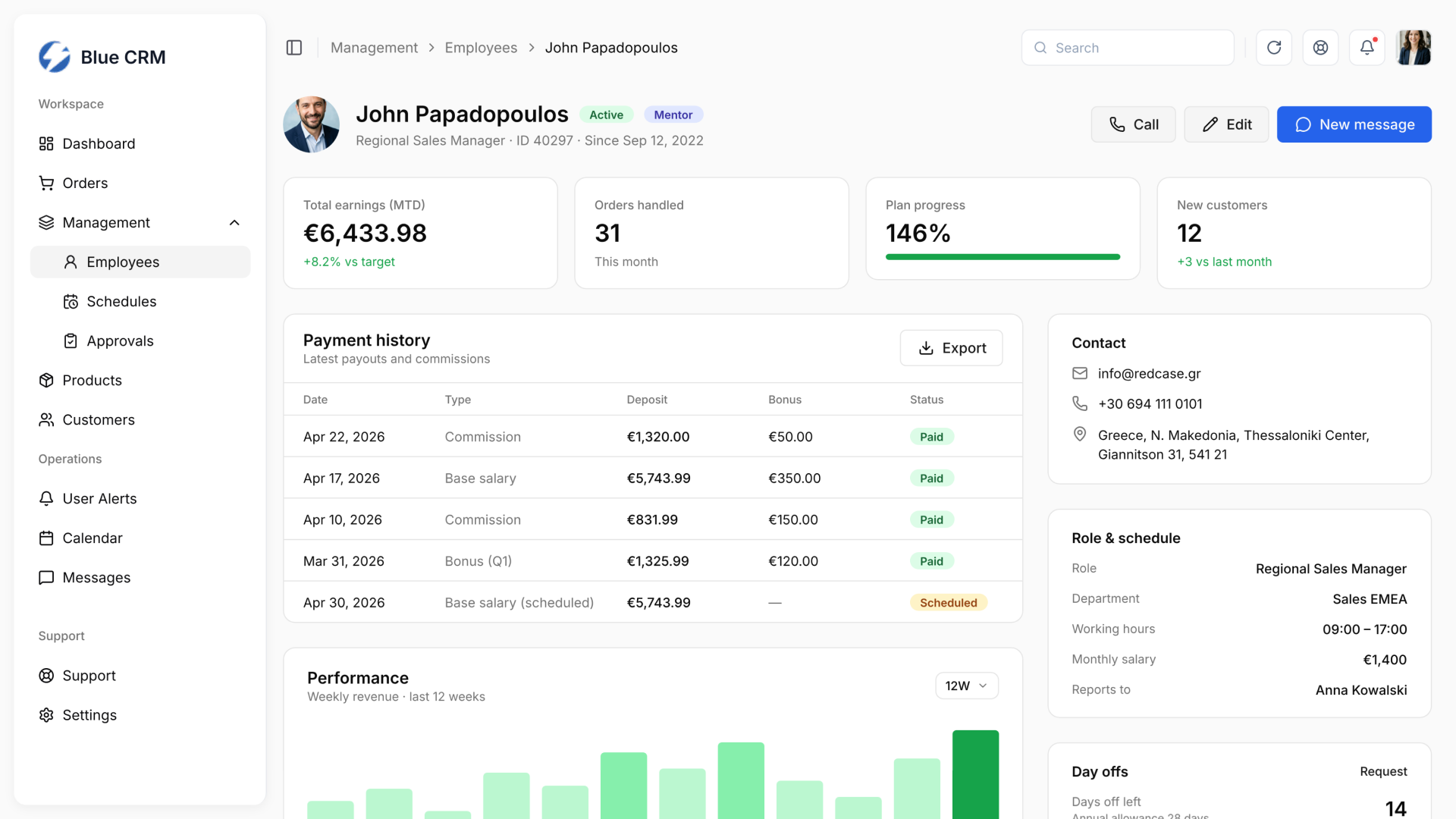 Blue CRM – manager profile with earnings, orders handled, plan progress and payment history